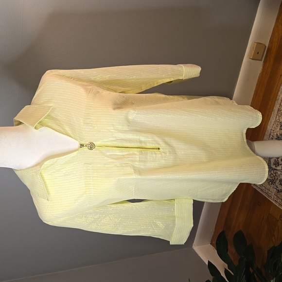 Anne Klein Green and White Zip Blouse with Gold Metallic Thread Size S - Picture 1 of 13